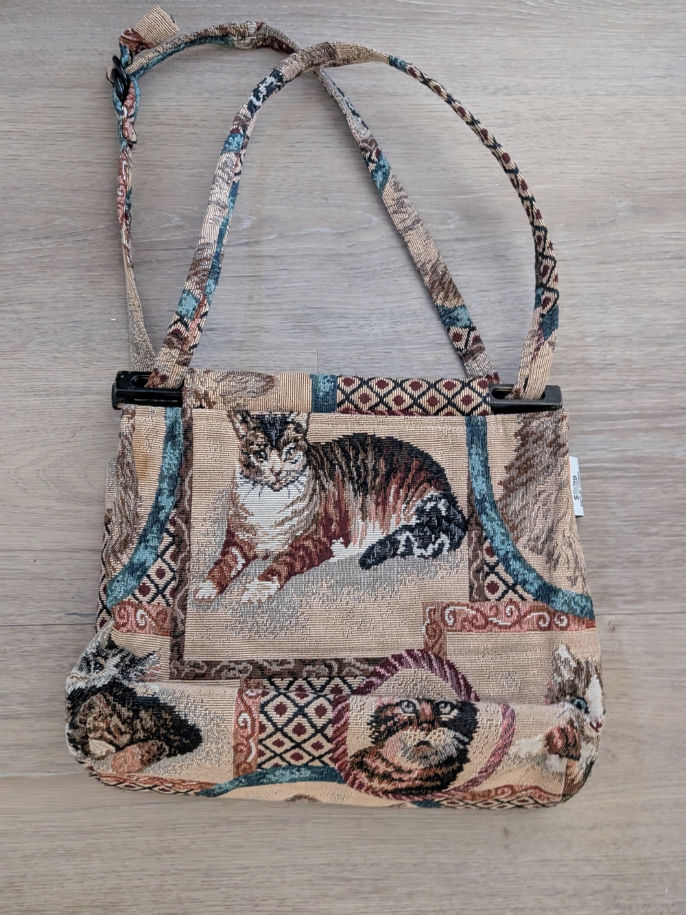 Vintage cat Tapestry Shoulder Bag in Beige, Teal and Brown - Picture 2 of 2